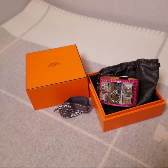 Authentic Hermes Collier de Chien CDC Crocodile PM PHW Rose Scheherazade - Picture 3 of 5